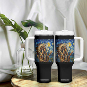 Native American Woman And White Wolf Tumbler With Handle Starry Night Inspired Art