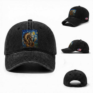 Native American Woman And White Wolf Washed Cotton Baseball Cap Starry Night Inspired Art TS12 Washed Cap Universal Fit Black Print Your Wear