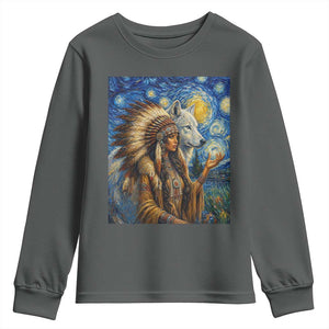 Native American Woman And White Wolf Youth Sweatshirt Starry Night Inspired Art