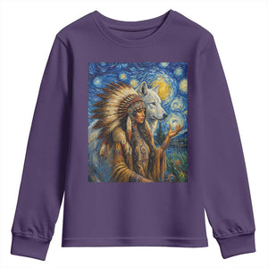 Native American Woman And White Wolf Youth Sweatshirt Starry Night Inspired Art