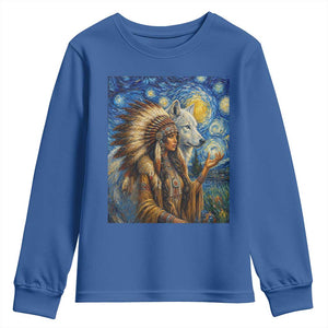 Native American Woman And White Wolf Youth Sweatshirt Starry Night Inspired Art