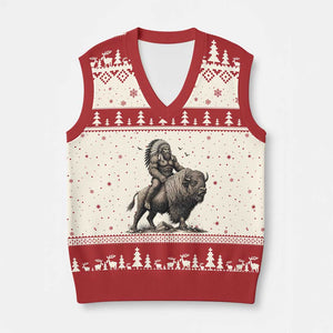 Funny Bigfoot Buffalo Rider V-Neck Knit Sweater Vest Native Inspired Heritage Graphic