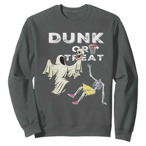 Halloween Dunk Or Treat Sweatshirt Funny Skeleton And Ghost Playing Basketball TS12 Dark Heather Print Your Wear