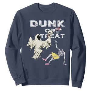 Halloween Dunk Or Treat Sweatshirt Funny Skeleton And Ghost Playing Basketball TS12 Navy Print Your Wear