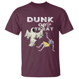 Halloween Dunk Or Treat T Shirt Funny Skeleton And Ghost Playing Basketball TS12 Maroon Print Your Wear