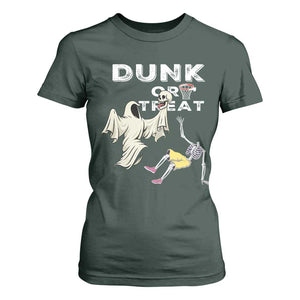 Halloween Dunk Or Treat T Shirt For Women Funny Skeleton And Ghost Playing Basketball TS12 Dark Forest Green Print Your Wear