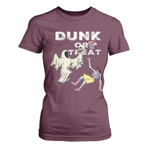 Halloween Dunk Or Treat T Shirt For Women Funny Skeleton And Ghost Playing Basketball TS12 Maroon Print Your Wear