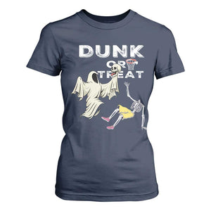 Halloween Dunk Or Treat T Shirt For Women Funny Skeleton And Ghost Playing Basketball TS12 Navy Print Your Wear