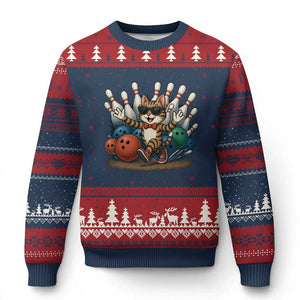 Funny Bowler Gift Ugly Christmas Sweater Bowling Cat With Sunglasses TS12 Navy Red Print Your Wear