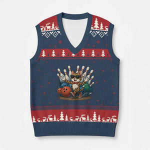 Funny Bowler Gift V-Neck Knit Sweater Vest Bowling Cat With Sunglasses TS12 Navy Red Print Your Wear