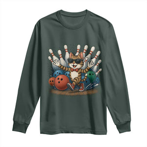 Funny Bowler Gift Long Sleeve Shirt Bowling Cat With Sunglasses TS12 Dark Forest Green Print Your Wear