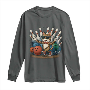 Funny Bowler Gift Long Sleeve Shirt Bowling Cat With Sunglasses TS12 Dark Heather Print Your Wear