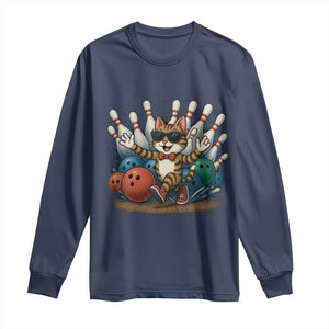 Funny Bowler Gift Long Sleeve Shirt Bowling Cat With Sunglasses TS12 Navy Print Your Wear