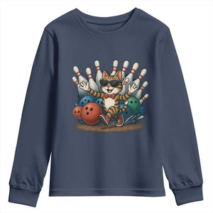 Funny Bowler Gift Youth Sweatshirt Bowling Cat With Sunglasses TS12 Navy Print Your Wear