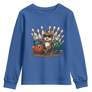 Funny Bowler Gift Youth Sweatshirt Bowling Cat With Sunglasses TS12 Royal Blue Print Your Wear