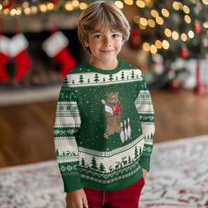 Funny Cat Bowling Meme Ugly Christmas Sweater Gift For Bowlers TS12 Forest Green Beige Print Your Wear