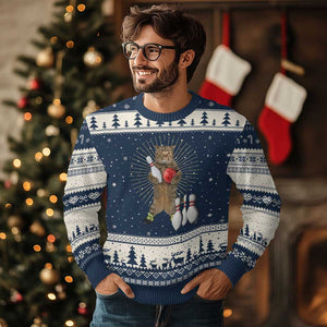 Funny Cat Bowling Meme Ugly Christmas Sweater Gift For Bowlers TS12 Navy Beige Print Your Wear