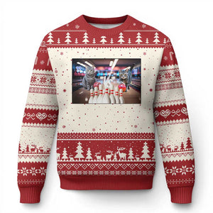 Funny Cats Bowling Battle Ugly Christmas Sweater Gift For Cat Lovers TS12 Beige Red Print Your Wear