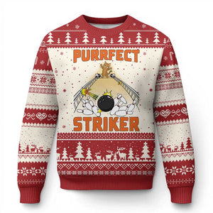 Funny Cat Bowling Gift Ugly Christmas Sweater Purrfect Striker TS12 Beige Red Print Your Wear