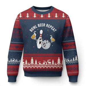 Funny Bowling Beer Lover Gift Ugly Christmas Sweater Bowl Beer Repeat TS12 Navy Red Print Your Wear