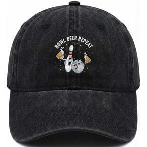 Funny Bowling Beer Lover Gift Washed Cotton Baseball Cap Bowl Beer Repeat TS12 Washed Cap Universal Fit Black Print Your Wear