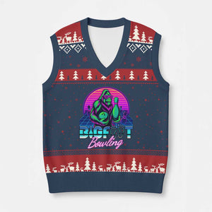 Funny Bigfoot Bowling Vaporwave Gift V-Neck Knit Sweater Vest TS12 Navy Red Print Your Wear