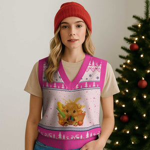 Cute Highland Cow With Kwanzaa Kinara And Presents V-Neck Knit Sweater Vest African Heritage Gift TS12 Hot Pink Print Your Wear