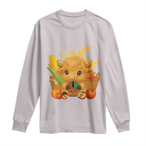 Cute Highland Cow With Kwanzaa Kinara And Presents Long Sleeve Shirt African Heritage Gift TS12 Ice Gray Print Your Wear