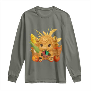 Cute Highland Cow With Kwanzaa Kinara And Presents Long Sleeve Shirt African Heritage Gift TS12 Military Green Print Your Wear