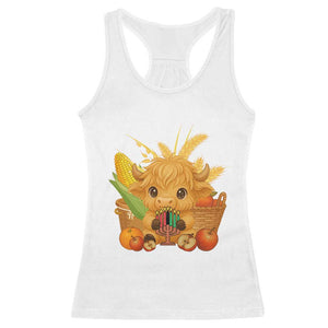 Cute Highland Cow With Kwanzaa Kinara And Presents Racerback Tank Top African Heritage Gift TS12 White Print Your Wear