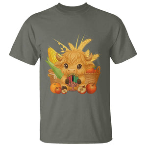 Cute Highland Cow With Kwanzaa Kinara And Presents T Shirt African Heritage Gift TS12 Military Green Print Your Wear