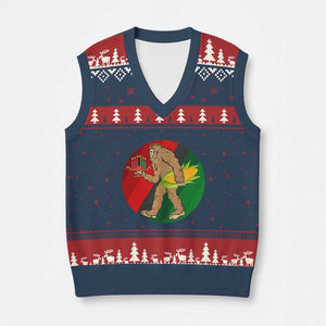 African American Holiday Gift V-Neck Knit Sweater Vest Retro Sunset Bigfoot With Kwanzaa Candle TS12 Navy Red Print Your Wear