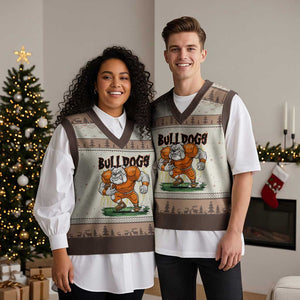 Funny Bulldog Playing Football V-Neck Knit Sweater Vest Game Day Dog Lover TS12 Mocha Mousse Print Your Wear