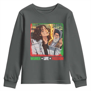 Woman Life Freedom Youth Sweatshirt Free Iran Movement Gift For Iranian Women TS12 Dark Heather Print Your Wear