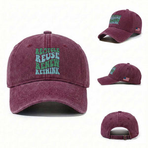 Recycle Reuse Renew Rethink Washed Cotton Baseball Cap Eco Friendly Earth Day TS12 Washed Cap Universal Fit Burgundy Print Your Wear