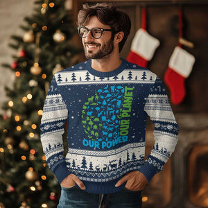 Earth Day Environmental Activism Ugly Christmas Sweater Our Power Our Planet TS12 Navy Beige Print Your Wear