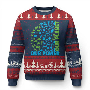 Earth Day Environmental Activism Ugly Christmas Sweater Our Power Our Planet TS12 Navy Red Print Your Wear