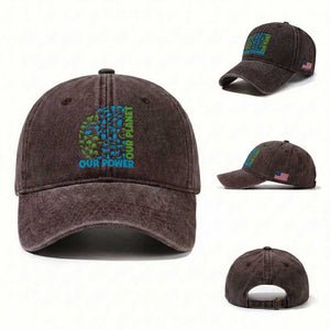 Earth Day Environmental Activism Washed Cotton Baseball Cap Our Power Our Planet TS12 Washed Cap Universal Fit Dark Brown Print Your Wear