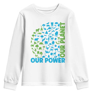Earth Day Environmental Activism Youth Sweatshirt Our Power Our Planet TS12 White Print Your Wear