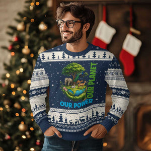 Our Power Our Planet Ugly Christmas Sweater Earth Day Nature Lover Gift TS12 Navy Beige Print Your Wear