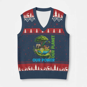 Our Power Our Planet V-Neck Knit Sweater Vest Earth Day Nature Lover Gift TS12 Navy Red Print Your Wear