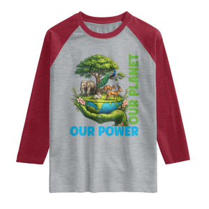 Our Power Our Planet Raglan Shirt Earth Day Nature Lover Gift TS12 Heather Gray Heather Red Print Your Wear