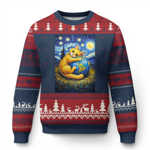 Earth Day Ugly Christmas Sweater Starry Night Cat Hugging Earth TS12 Navy Red Print Your Wear