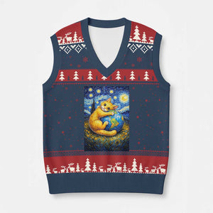 Earth Day V-Neck Knit Sweater Vest Starry Night Cat Hugging Earth TS12 Navy Red Print Your Wear