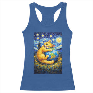 Earth Day Racerback Tank Top Starry Night Cat Hugging Earth TS12 Royal Blue Print Your Wear