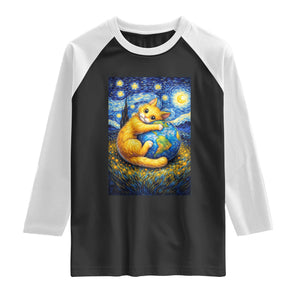 Earth Day Raglan Shirt Starry Night Cat Hugging Earth TS12 Black White Print Your Wear
