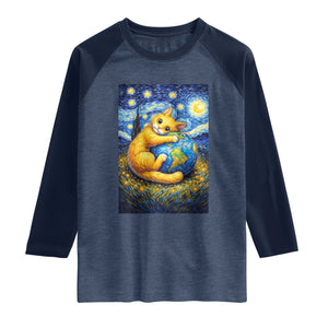 Earth Day Raglan Shirt Starry Night Cat Hugging Earth TS12 Heather Denim Navy Print Your Wear