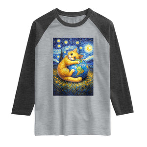 Earth Day Raglan Shirt Starry Night Cat Hugging Earth TS12 Heather Gray Heather Charcoal Print Your Wear