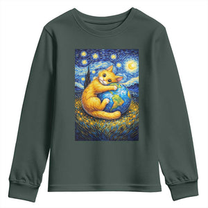 Earth Day Youth Sweatshirt Starry Night Cat Hugging Earth TS12 Dark Forest Green Print Your Wear