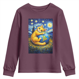 Earth Day Youth Sweatshirt Starry Night Cat Hugging Earth TS12 Maroon Print Your Wear